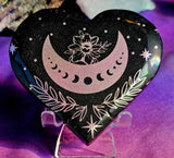 XL Pink Lotus Moonphase Black Obsidian Crystal Heart 🖤🌙🪷🩷