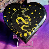 XL Golden Snake & Moonphase Black Obsidian Crystal Heart 🖤🌙🪷🐍⚜️