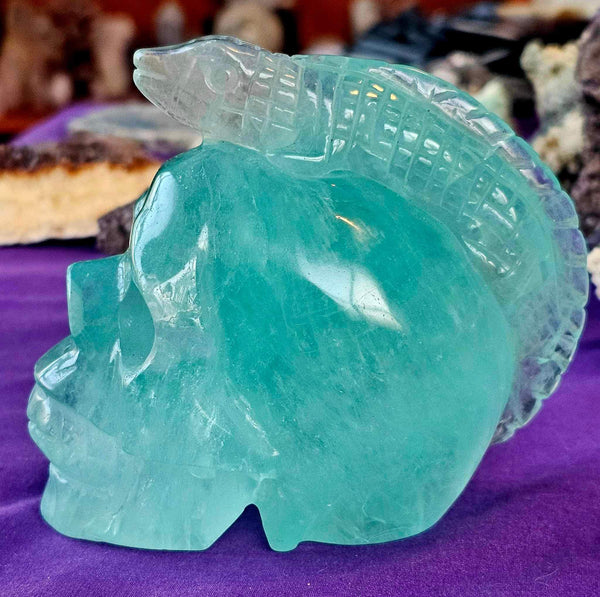 XL Aqua Fluorite Crystal Skull w/Lizard Mohawk 🩵💀🦎