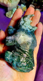 LG. Moss Agate Crystal Rhino Statue 💚🦏✨🤍