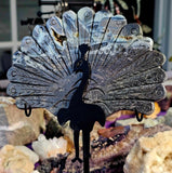 LG. Grey Jasper w/Druzy Crystal Peacock on Black Metal Display Stand 🤍🦚✨🦚🖤🩶
