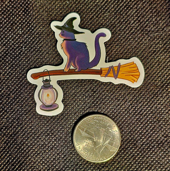 Witch Cat Flying On A Broom Enchanted Sticker