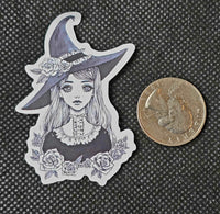 Black And White Witch With Flowers Enchanted Sticker