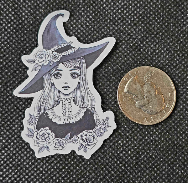 Black And White Witch With Flowers Enchanted Sticker