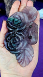 LG Rainbow Fluorite Crystal Pet Rock w/ Double Blooming Roses 🌹 🪨