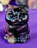 Arfvedsonite AKA Fireworks 🧨 Stone, Garnet & Quartz Crystal Cat Figurine 🐈‍⬛