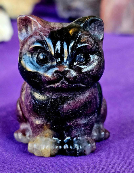 Arfvedsonite AKA Fireworks 🧨 Stone, Garnet & Quartz Crystal Cat Figurine 🐈‍⬛