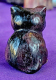 Arfvedsonite AKA Fireworks 🧨 Stone, Garnet & Quartz Crystal Cat Figurine 🐈‍⬛