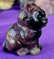 Arfvedsonite AKA Fireworks 🧨 Stone, Garnet & Quartz Crystal Cat Figurine 🐈‍⬛