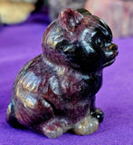 Arfvedsonite AKA Fireworks 🧨 Stone, Garnet & Quartz Crystal Cat Figurine 🐈‍⬛