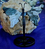 Moss Agate Crystal Butterfly on Black Metal Display Stand #2 ✨💚🤍🖤🦋😍