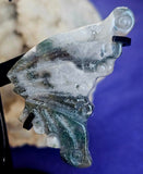 Moss Agate Crystal Butterfly on Black Metal Display Stand #2 ✨💚🤍🖤🦋😍