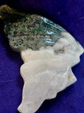 Moss Agate Crystal Butterfly on Black Metal Display Stand #2 ✨💚🤍🖤🦋😍