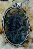 Oval Moss Agate 925 SS Pendant Necklace w/Stainless Steel Chain 💚📿✨🤍