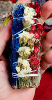 Red, White, & Blue Dyed Chrysanthemum Flower w/White Sage Smudge Stick ❤️🤍💙