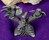 Vintage Antique Pewter Wizard Figurine with Dragon, Owl & Crystal Ball