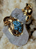 Raw Clear Quartz w/Turquoise Crystal Gold Wrapped Necklace 📿✨🩵🪨🤍