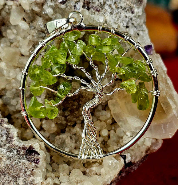 Peridot Tree of Life Silver Wire Wrapped Crystal Pendant