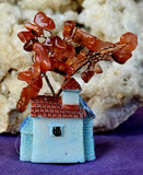Blue Mini Cottage w Wire Wrapped Carnelian Crystal Tree 💙🌳❤️🏡