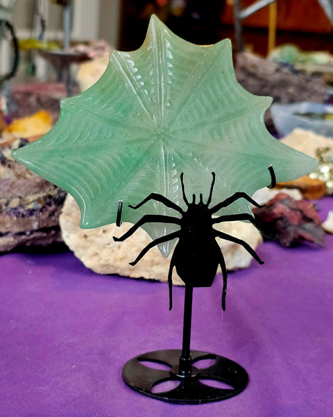 Green Aventurine Crystal Web on Black Metal Spider Display Stand 🕷️🕸️💚