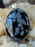 SS925 Stunning Unique Oval Shaped Snowflake Obsidian Crystal Pendant w/Stainless Steel Chain 📿✨💜💎