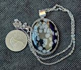 SS925 Stunning Unique Oval Shaped Snowflake Obsidian Crystal Pendant w/Stainless Steel Chain 📿✨💜💎