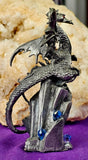 Vintage Antique Pewter James Land Dragon Figurine w/Blue Gems & Red Eyes 🐉🐲✨🩸🏯