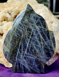LG. FULL PURPLE FLASH Labradorite Crystal Leaf Carving 💜✨🌿🤩🍃