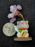 Fortune Kitty Waving w/Wire Wrapped Amethyst Crystal Tree