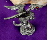 Antique Vintage Pewter Dragon Perched on Skull Figurine w/Red Eyes