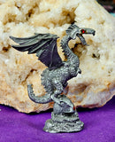 Antique Vintage Pewter Dragon Perched on Skull Figurine w/Red Eyes