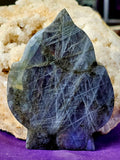 LG. FULL PURPLE FLASH Labradorite Crystal Leaf Carving 💜✨🌿🤩🍃