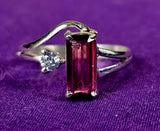 925 Sterling Silver Ring with Rectangular Pink Tourmaline & Round White Sapphire Gemstones ✨🤍🩷💍