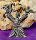 Vintage Antique Pewter Wizard Figurine with Dragon, Owl & Crystal Ball