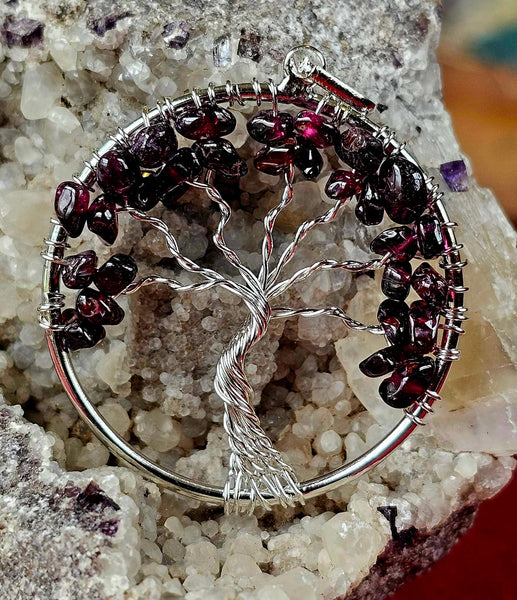 Garnet Tree of Life Silver Wire Wrapped Crystal Pendant