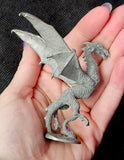 LG. Vintage Antique Pewter Flying Dragon Figurine w/Crystal Ball🐉🔮✨🪽🐲