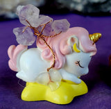 Sleepy Unicorn on Yellow Cloud w/Wire Wrapped Amethyst Crystal Tree Figuring 💛☁️💤🦄🩷