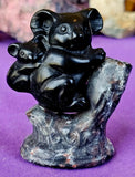 Black Obsidian & Yooperlite Crystal Koala Mother & Baby Stone Figurine Statue 🖤🐨✨🎍