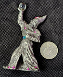 LG. Vintage Antique Pewter Wizard Figurine w/Gems & Sphere 🔮✨💜🧙‍♂️🧙‍♀️🪄