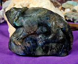 LG. Rainbow Flash Labradorite Crystal Lizard Basking on Rock Carving #1 🦎🩶🌈🪨✨🤩