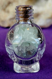Green Fluorite Crystal Chips in Skull Shaped Glass Bottle w/Cork ☠️💀✨💚🍏