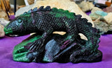 XL Zoisite & Ruby Crystal Lizard on Rock Carving 💚🦎✨🤯🩷🪨