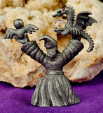 Vintage Antique Pewter Wizard Figurine with Dragon, Owl & Crystal Ball