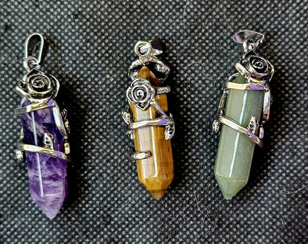 Assorted Crystal Double Terminated Silver Rose Necklace 📿💚💜💛🌹