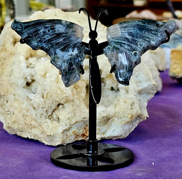Moss Agate Crystal Butterfly On Black Display Stand 🌿🦋🤍✨