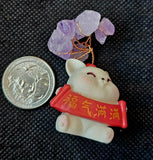 Happy Kitty Holding Banner w/Wire Wrapped Amethyst Crystal Tree 🐈🧧🌳💜