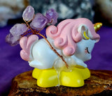 Sleepy Unicorn on Yellow Cloud w/Wire Wrapped Amethyst Crystal Tree Figuring 💛☁️💤🦄🩷