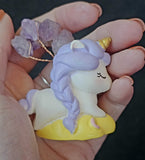 Sleeping Unicorn on Yellow Cloud w/Wire Wrapped Amethyst Crystal Tree ✨🌳💜🦄💛☁️