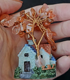 Blue Mini Cottage w Wire Wrapped Carnelian Crystal Tree 💙🌳❤️🏡