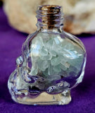 Green Fluorite Crystal Chips in Skull Shaped Glass Bottle w/Cork ☠️💀✨💚🍏
